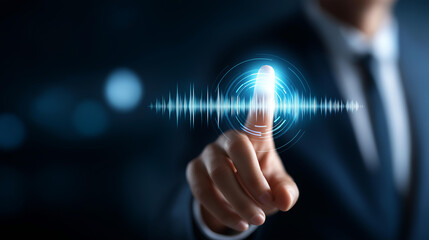 Faceless businessperson using AI virtual assistant with voice waveform interface, artificial intelligence support concept, voice bot, smart customer service automation, with copy space