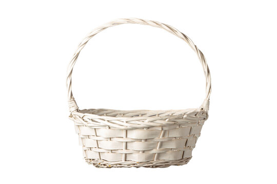Empty white wicker basket isolated on white background