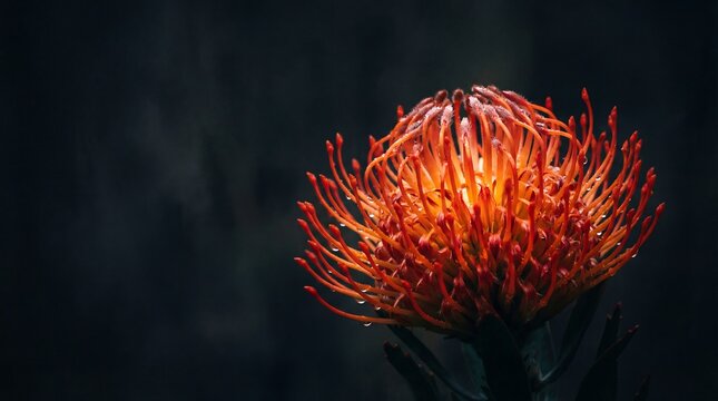 Leucospermum cordifolium pincushion protea bloom on black background
