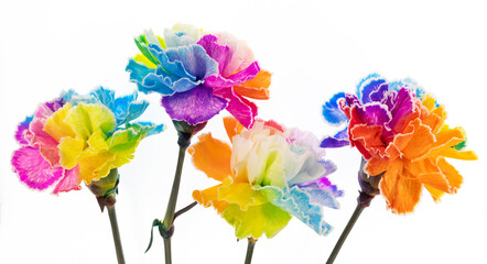 Kolorowe tęczowe goździki zbliżenie na białym tle
