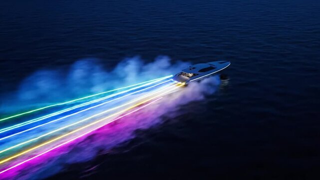 Colorful neon light trails behind a high speedboat skimming the ocean at dusk.