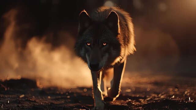 Intense Wolf fire walking in dark forest glowing eyes