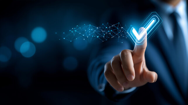Faceless businessman touching digital check mark icon on virtual screen, document verification concept, task approval, data validation in online workflow and digital transformation, with copy space
