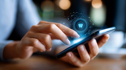 Close up faceless hand using smartphone with digital secure payment icon, online transaction concept, mobile banking, e-commerce shopping, financial technology verification system, with copy space