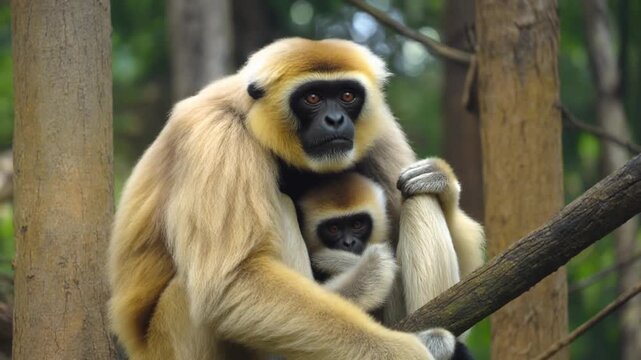 close image of Yellow Cheeked Gibbon monkey (Nomascus Gabriallae) mother with child 