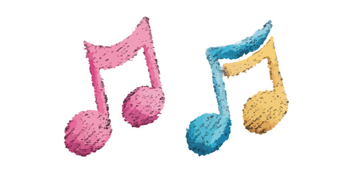 Note musicali colorate disegnate a mano con texture su sfondo trasparente, simbolo di melodia.