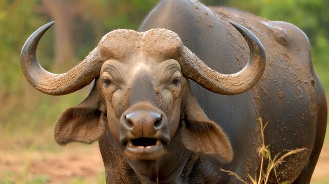 A buffalo bull, Syncerus caffer, close up of an animal head and horns covered in mud 