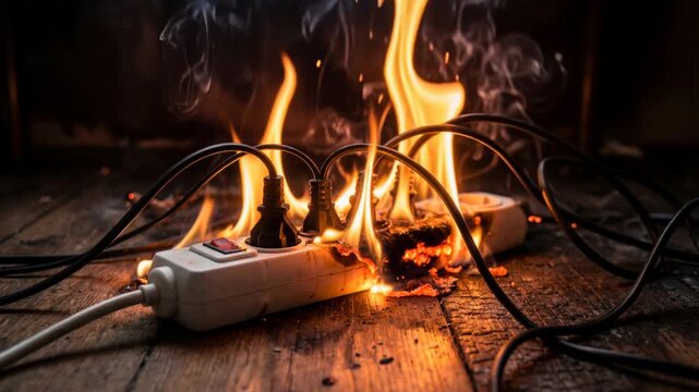 Power strip burning with intense flames and smoke on charred wooden floor, electrical short circuit danger and fire safety hazard for insurance and prevention