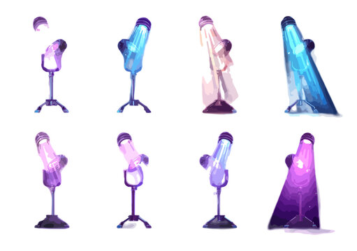 Collezione di faretti da studio e palcoscenico con luce colorata su sfondo bianco trasparente.