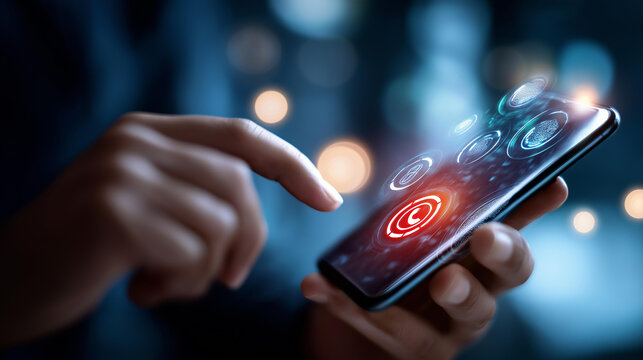 Scam phone call concept with unknown caller ID and alert icons display, mobile fraud and cybersecurity threat, phishing and personal data protection, with copy space - Powered by Adobe