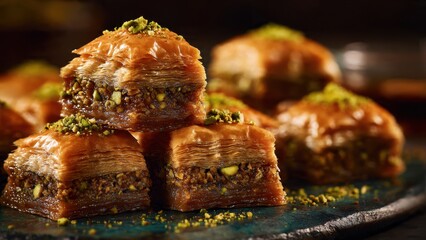 Baklava pastry with pistachios on a plate dessert