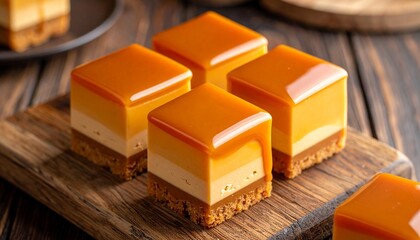 Layered caramel bars—elegant dessert squares with creamy yellow center, glossy top, and mint garnish.