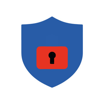 Icona scudo blu con lucchetto rosso che simboleggia sicurezza digitale e protezione dati su sfondo trasparente.