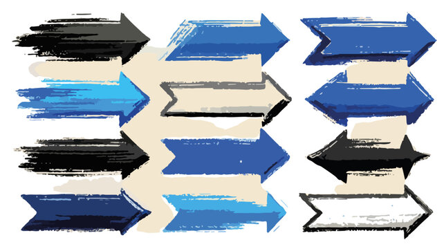 Set di frecce disegnate a mano con texture pennellate, in tonalit&agrave; blu, nero e bianco, su sfondo trasparente.