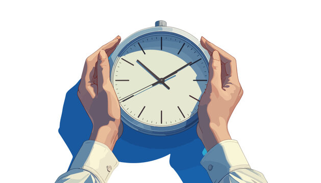 Mani che tengono un orologio da parete analogico bianco isolato su sfondo trasparente, concetto di gestione del tempo.