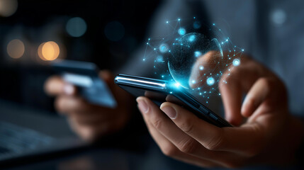 Online payment via smartphone with credit card hologram icons display, digital finance and fintech transactions, secure e-commerce checkout, mobile contactless payment, with copy space