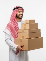Smiling man in traditional clothing holding stack of cardboard boxes