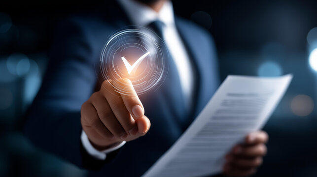 AI technology for document verification and data validation, faceless businessman using artificial intelligence, analyzing digital documents with checkmarks, defocused background, with copy space
