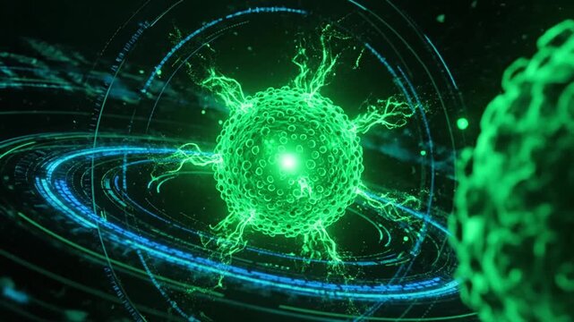 Close-up view of a glowing green virus particle surrounded by abstract digital orbit patterns.