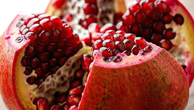 Close up of a ripe pomegranate cut open revealing juicy arils.