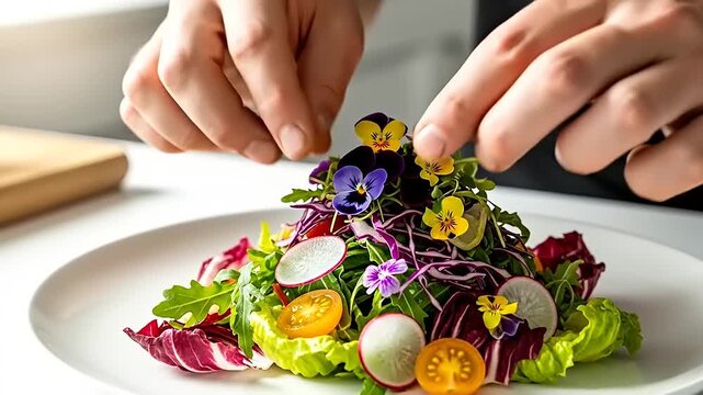 Chef Garnishing a Vibrant Salad with Edible Flowers and Fresh Greens.