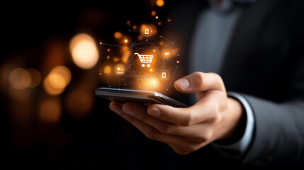 Faceless hand holding smartphone with virtual secure payment icons, digital banking representation, online shopping, fintech transactions, e-commerce solutions and mobile wallet, with copy space