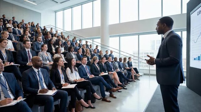 African American business executive presenting corporate strategy to attentive audience in modern conference hall meeting room professional leadership.