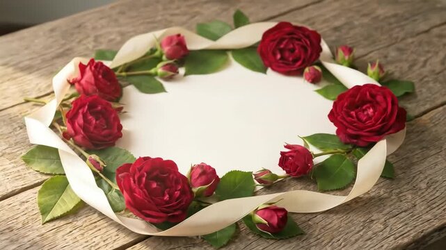 Red Rose Floral Frame with Silk Ribbon on Rustic Wood Surface 