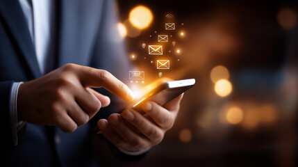 Faceless user receiving multiple app notifications on smartphone, social media chat email and location alerts, digital communication, message center and mobile interaction, with copy space