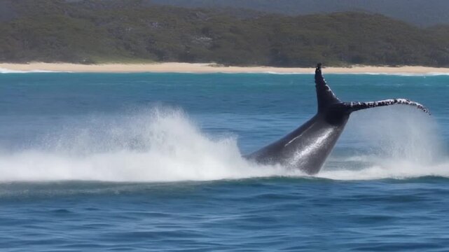 Humpback whale jumping out of the water in Australia. The whale is falling on its back