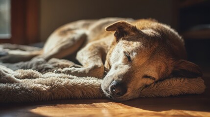 Cozy dog sleeping on a soft blanket in a sunlit living room