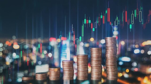Financial investment concept, Double exposure of city night and stack of coins for finance