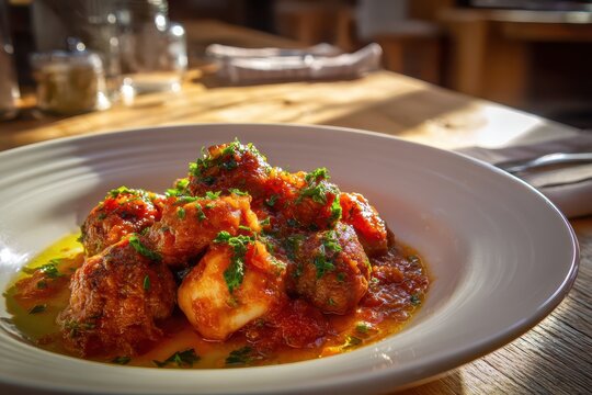 Cozy home-style tapas: albondigas and cuttlefish in savory tomato sauce