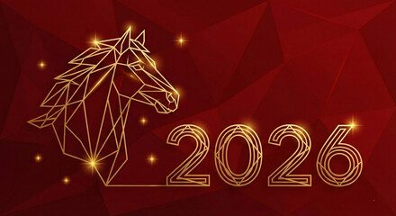 Happy Chinese New Year 2026 Year of the Horse Celebration Background with 3D Golden Stallion, Traditional Red Fan, and Lucky Chinese Knot