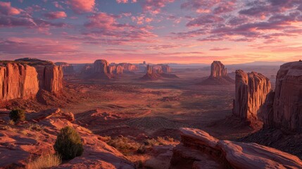 Crimson cliffs at daybreak: Monument Valley sandstone mesas and expansive desert sky