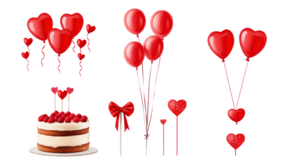 Valentine's day celebration: red balloons, cake, hearts on transparent background