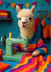 Obraz premium Colorful llama sewing scene