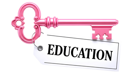 Pink key with education tag isolated on transparent background