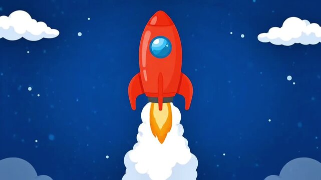 Cartoon Rocket Launching into Space on Starry Night Background
