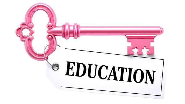 Pink key with education tag isolated on transparent background