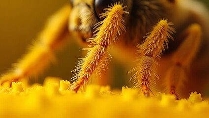 Obraz premium Macro view of a honey bee on bright yellow flowers in close-up photography
