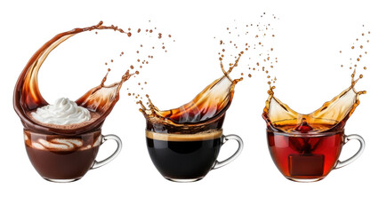 Three cups of hot beverages with splashes isolated on transparent background