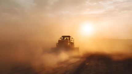 Fototapeta premium Yellow bulldozer operating in a dusty environment under the warm hazy glow of sunrise or sunset
