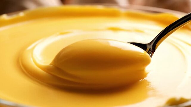 Close up of a spoon scooping creamy yellow vanilla custard or pudding