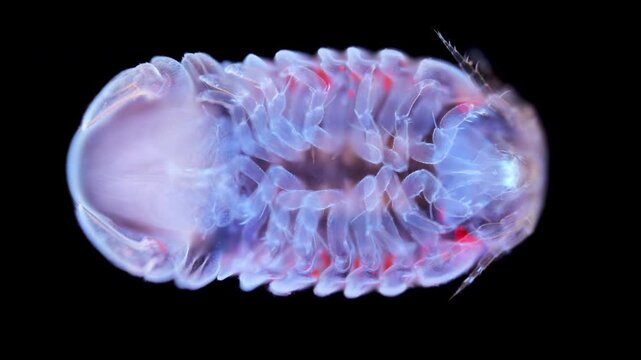 Sea Isopoda under a microscope, family Sphaeromatidae. The video shows underside of body, filmed under ultraviolet light. Sea of Okhotsk