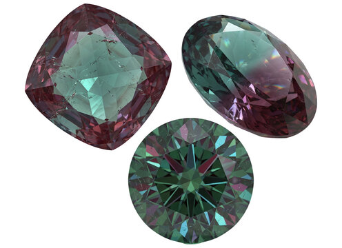 Color changing alexandrite gemstones isolated on background