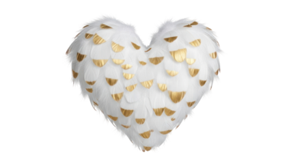 Decorative white feather heart with golden accents isolated on transparent background