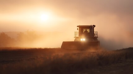 Fototapeta premium A powerful yellow tractor works in a dusty field during a golden sunrise creating a warm and atmospheric scene