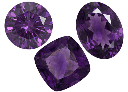 Purple amethyst quartz gemstones isolated on white