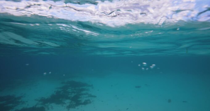Split-level shot showing both above and below the ocean surface, capturing a clear sky with clouds and the vibrant underwater world beneath the waves
